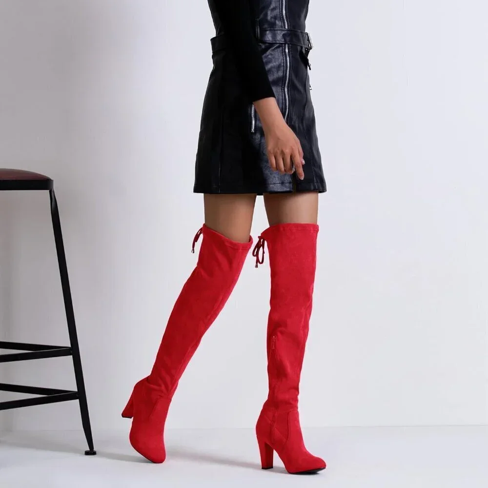 Women’s Red-knee High Suede Fashion Pointed Toe Thigh High Over The Knee Boots